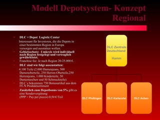 Modell Depotsystem- Konzept Regional DLC = Depot  Logistic Center Interessant für Investoren, die die Depots in einer bestimmten Region in Europa versorgen und ausstatten wollen. Gebietsschutz:  Umkreis wird individuell nach Region festgelegt und vertraglich gewährleistet. Franchise fee: Je nach Region 20-25.000 €. DLC sind wie folgt auszustatten: 4.100 Teile (2.000 Damenjeans, 500 Damenoberteile, 250 Herren-Oberteile,250 Herrenjeans, 1.000 Kinderteile, 50 Damentaschen und 50 Schmuckteile). DLC`s bekommen 750 Bonusartikel aus dem FE.N Produktsortiment Zusätzlich zum Depotbonus von 5%  gibt es eine Sondervergütung:  (PPP = Pay per pieces) 0,50 €/Teil DLC Zentrale Deutschland  Hamm DLC Pfullingen DLC Karlsruhe DLC Achen 