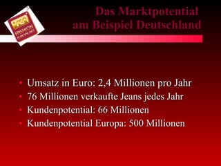 Das Marktpotential  am Beispiel Deutschland Umsatz in Euro: 2,4 Millionen pro Jahr 76 Millionen verkaufte Jeans jedes Jahr Kundenpotential: 66 Millionen Kundenpotential Europa: 500 Millionen 