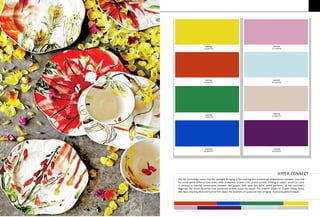 This fall, technology comes into the spotlight, bringing in the inspiring and unexpected collaborations between man and
the virtual world. Different time zones, miles of distance, or even a lost phone number, nothing in today’s world can come
in between a heartfelt conversation between two people. With apps and social media platforms at the consumer’s
fingertips, the virtual world has now connected millions across the planet. The cheerful shades of Empire Yellow, Fiesta,
Jelly Bean, Dazzling Blue and Fuchsia Pink depict the loopholes of space and time bridging illustrating globallinkages.
HYPER-CONNECT
PANTONE
14-0756TPX
PANTONE
15-2718TPX
PANTONE
17-1564TPX
PANTONE
14-4313TPX
PANTONE
17-6031TPX
PANTONE
14-1506TPX
PANTONE
18-3949TPX
PANTONE
19-3138TPX
 