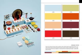 Owing to the changing environment, people are impelled to adapt a healthier lifestyle and with growing inclination for an
organic production process, clothing and food habits, acquire the territory of organic commodities. Drawn from the roots,
the tints of brown stone and fiery red edifices trace the path of organic living, whereas healthy shades of spicy orange,
apricot wash and green banana come together as a natural palette with zero artificial colour building a sustainable food
basket for thefuture.
ORGANIC AFFAIR
PANTONE
15-4105TPX
PANTONE
14-0434TPX
PANTONE
13-0758TPX
PANTONE
18-1445TPX
PANTONE
14-1230TPX
PANTONE
18-2027TPX
PANTONE
18-1664TPX
PANTONE
19-1322TPX
 