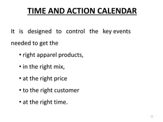TIME AND ACTION CALENDAR
It is designed to control the key events
needed to get the
• right apparel products,
• in the right mix,
• at the right price
• to the right customer
• at the right time.
22
 
