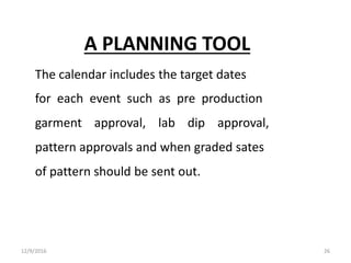 A PLANNING TOOL
The calendar includes the target dates
for each event such as pre production
garment approval, lab dip approval,
pattern approvals and when graded sates
of pattern should be sent out.
12/9/2016 26
 