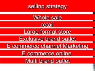 selling strategyselling strategy
Whole saleWhole sale
retailretail
Large format storeLarge format store
Exclusive brand outletExclusive brand outlet
E commerce channel MarketingE commerce channel Marketing
E commerce onlineE commerce online
Multi brand outletMulti brand outlet
 