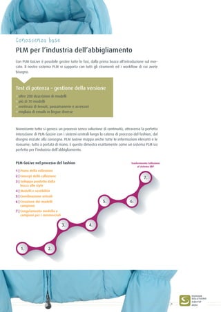Conoscenza base
PLM per l’industria dell’abbigliamento
Con PLM GoLive è possibile gestire tutte le fasi, dalla prima bozza all’introduzione sul mer-
cato. Il nostro sistema PLM vi supporta con tutti gli strumenti ed i workflow di cui avete
bisogno.
° oltre 200 descrizioni di modelli
° più di 70 modelli
° centinaia di tessuti, passamanerie e accessori
° migliaia di emails in lingue diverse
Test di potenza – gestione della versione
1.
3.
5.
7.
2.
4.
6.
PLM GoLive nel processo del fashion
1 | Piano della collezione
2 | Concept della collezione
3 | Sviluppo prodotto dalla
bozza allo style
4 | Modelli e vestibilità
5 | Coordinazione articoli
6 | Creazione dei modelli
campione
7 | Congelamento modello e
campioni per i commerciali
Nonostante tutto si genera un processo senza soluzione di continuità, attraverso la perfetta
interazione di PLM GoLive con i sistemi centrali lungo la catena di processo del fashion, dal
disegno iniziale alla consegna. PLM GoLive mappa anche tutte le informazioni rilevanti e le
riassume; tutto a portata di mano. E questo dimostra esattamente come un sistema PLM sia
perfetto per l’industria dell’abbigliamento.
Trasferimento Collezione
al sistema ERP
5
 