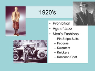 1920’sProhibitionAge of JazzMen’s FashionsPin Stripe SuitsFedorasSweatersKnickersRaccoon Coat