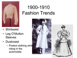 1900-1910Fashion TrendsShirtwaistLeg O’Mutton SleevesDustcoastProtect clothing while riding in the automobile