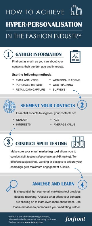 HOW TO ACHIEVE
HYPER-PERSONALISATION
IN THE FASHION INDUSTRY
e-shot™ is one of the most straightforward,
advanced and effective email marketing tools ever.
Find out more at www.forfront.com
3 CONDUCT SPLIT TESTING
Make sure your email marketing tool allows you to
conduct split testing (also known as A/B testing). Try
different subject lines, wording or designs to ensure your
campaign gets maximum engagement & sales.
4ANALYSE AND LEARN
Find out as much as you can about your
contacts: their gender, age and interests.
1 GATHER INFORMATION
 GENDER
 INTERESTS
 AGE
 AVERAGE VALUE
2SEGMENT YOUR CONTACTS
Essential aspects to segment your contacts on:
It is essential that your email marketing tool provides
detailed reporting. Analyse what offers your contacts
are clicking on to learn even more about them. Use
that information to personalize your marketing further.
• EMAIL ANALYTICS
• PURCHASE HISTORY
• RETAIL DATA CAPTURE
• WEB SIGN-UP FORMS
• WEB TRACKING
• SURVEYS
Use the following methods:
 