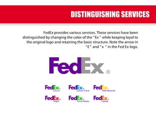 FedEx provides various services. These services have been
distinguished by changing the color of the “Ex ” while keeping loyal to
the original logo and retaining the basic structure. Note the arrow in
“E” and ”x “ in the Fed Ex logo.
DISTINGUISHING SERVICES
 