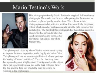 Mario Testino’s Work
This photograph taken by Mario Testino shows a man trying
to express the same expression as the dog by the side of him.
This photograph has an interesting effect as it almost portrays
the saying of ‘mans best friend’. Thee fact that they have
been placed against a light coloured background, makes them
stand out significantly more dur to the dark coloured fur of
the dog and the dark suit which the man be seen to be
wearing in the photograph.
This photograph taken by Mario Testino is a typical fashion themed
photograph. The model can be seen to be posing for the camera as
her hand is placed gently over her face. The colours in this
photograph contradict with one another, for example the bright red
colour which is on her nails contradicts with the pale colour of the
models skin. The fact that this photograph has been taken against a
plain white background makes her
stand out significantly more as her
hair stands out against the white
background.
 