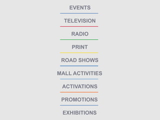 TELEVISION
PRINT
RADIO
ACTIVATIONS
PROMOTIONS
ROAD SHOWS
MALL ACTIVITIES
EVENTS
EXHIBITIONS
 
