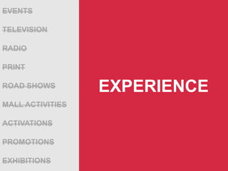 TELEVISION
PRINT
RADIO
ACTIVATIONS
PROMOTIONS
ROAD SHOWS
MALL ACTIVITIES
EVENTS
EXHIBITIONS
EXPERIENCE
 