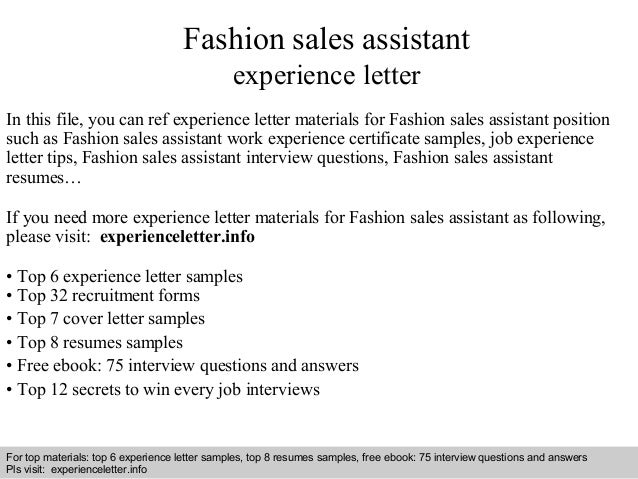 Fashion Sales Assistant Experience Letter