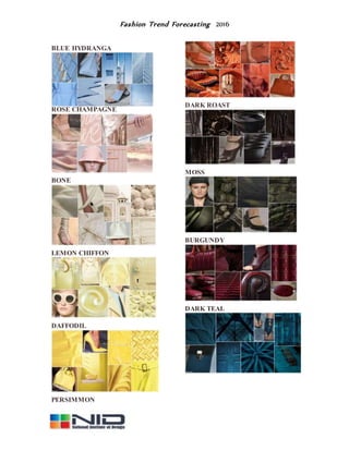 Fashion Trend Forecasting 2016
BLUE HYDRANGA
ROSE CHAMPAGNE
BONE
LEMON CHIFFON
DAFFODIL
PERSIMMON
DARK ROAST
MOSS
BURGUNDY
DARK TEAL
 