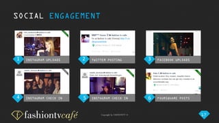 Copyright by FASHIONTV ©
INSTAGRAM UPLOADS TWITTER POSTING FACEBOOK UPLOADS
INSTAGRAM CHECK IN INSTAGRAM CHECK IN FOURSQUARE POSTS
SOCIAL ENGAGEMENT
17
1 2 3
4 5 6
 