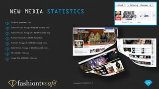 Copyright by FASHIONTV ©
FaceBook: 3,000,000+ Fans.
FashionTV.com: Average of 500,000 monthly visits.
FashionTV.com: Average of 1,500,000 monthly imp.
YouTube Channels: 1,000,000 Subscribers
YouTube: Average of 15,000,000 monthly views.
Daily Motion: Average of 500,000 monthly views.
VK: 150,000+ Followers.
Google Plus: 3,000,000+ Followers.
NEW MEDIA STATISTICS
19
 