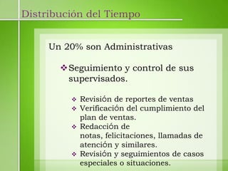 Distribución del Tiempo


     Un 20% son Administrativas

       Seguimiento y control de sus
        supervisados.

            Revisión de reportes de ventas
            Verificación del cumplimiento del
             plan de ventas.
            Redacción de
             notas, felicitaciones, llamadas de
             atención y similares.
            Revisión y seguimientos de casos
             especiales o situaciones.
 
