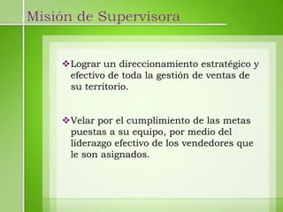 Misión de Supervisora


    Lograr un direccionamiento estratégico y
     efectivo de toda la gestión de ventas de
     su territorio.


    Velar por el cumplimiento de las metas
     puestas a su equipo, por medio del
     liderazgo efectivo de los vendedores que
     le son asignados.
 