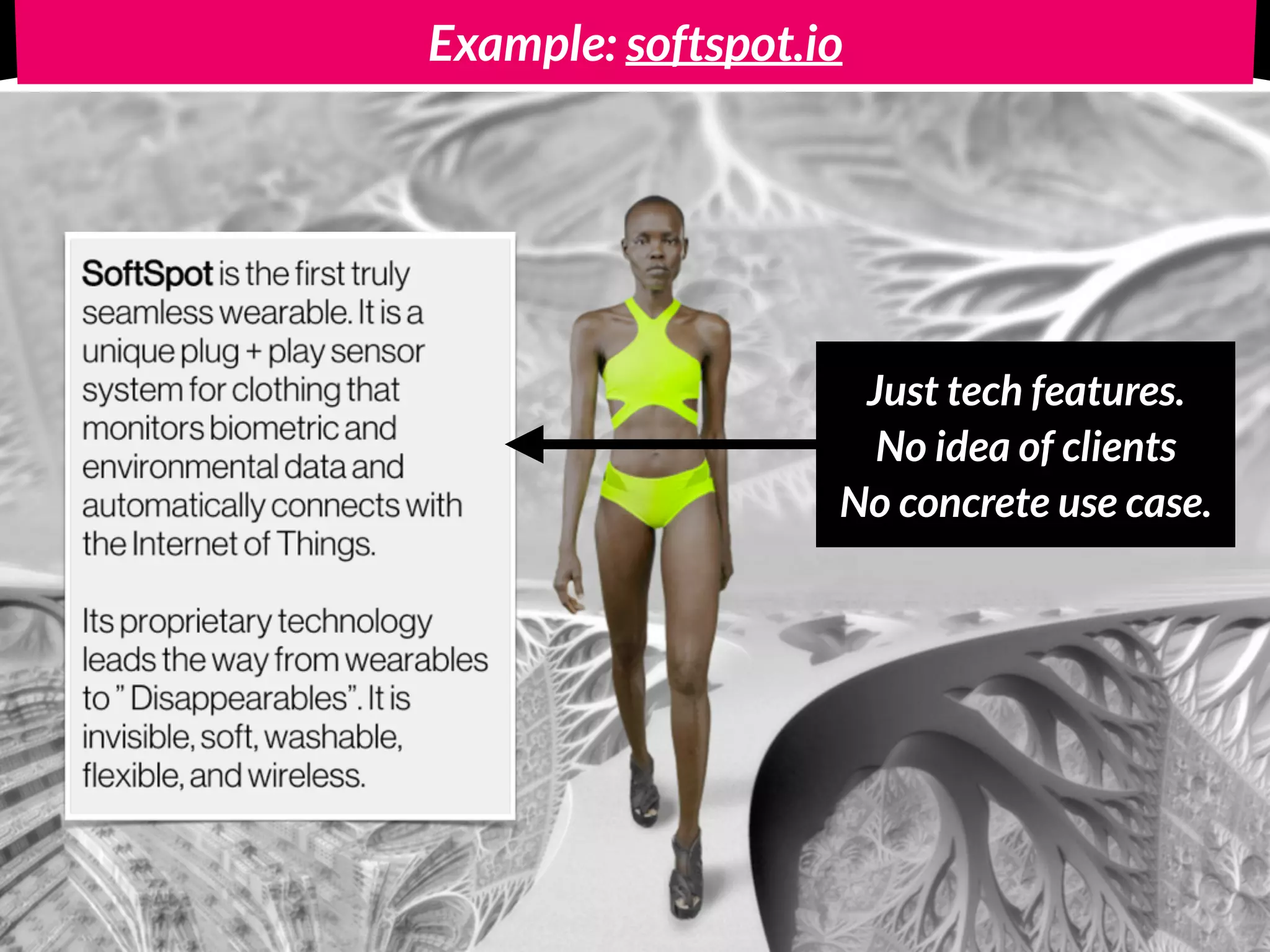 Example: softspot.io
Just tech features.
No idea of clients
No concrete use case.
 
