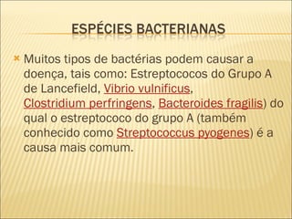 Muitos tipos de bactérias podem causar a doença, tais como:  Estreptococos do Grupo A de Lancefield,  Vibrio vulnificus ,  Clostridium perfringens ,  Bacteroides fragilis ) do qual o estreptococo do grupo A (também conhecido como  Streptococcus pyogenes ) é a causa mais comum. 