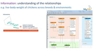 Information: understanding of the relationships
e.g. live-body-weight of chickens across breeds & environments
 