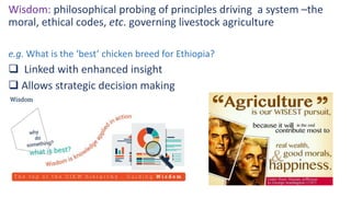 Wisdom: philosophical probing of principles driving a system –the
moral, ethical codes, etc. governing livestock agriculture
e.g. What is the ‘best’ chicken breed for Ethiopia?
 Linked with enhanced insight
 Allows strategic decision making
 