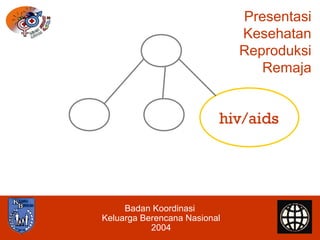 Presentasi
                              Kesehatan
                              Reproduksi
                                 Remaja


                          hiv/aids




     Badan Koordinasi
Keluarga Berencana Nasional
           2004
 