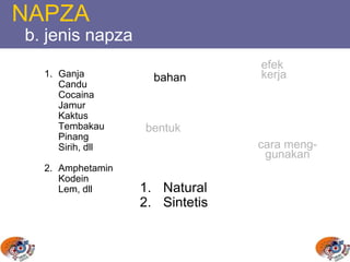 NAPZA
b. jenis napza
1. Ganja
Candu
Cocaina
Jamur
Kaktus
Tembakau
Pinang
Sirih, dll
2. Amphetamin
Kodein
Lem, dll
bahan
efek
kerja
cara meng-
gunakan
bentuk
1. Natural
2. Sintetis
 