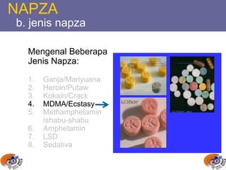 NAPZA
b. jenis napza
Mengenal Beberapa
Jenis Napza:
1. Ganja/Mariyuana
2. Heroin/Putaw
3. Kokain/Crack
4. MDMA/Ecstasy
5. Methamphetamin
/shabu-shabu
6. Amphetamin
7. LSD
8. Sedativa
 