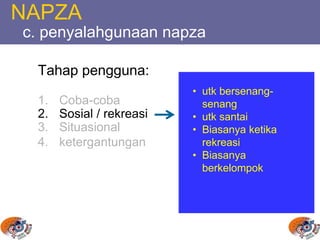 NAPZA
c. penyalahgunaan napza
Tahap pengguna:
1. Coba-coba
2. Sosial / rekreasi
3. Situasional
4. ketergantungan
• utk bersenang-
senang
• utk santai
• Biasanya ketika
rekreasi
• Biasanya
berkelompok
 