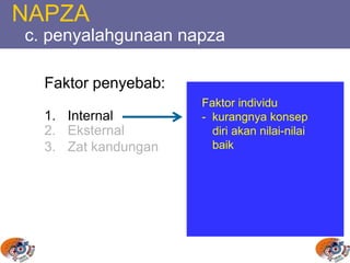 NAPZA
c. penyalahgunaan napza
Faktor penyebab:
1. Internal
2. Eksternal
3. Zat kandungan
Faktor individu
- kurangnya konsep
diri akan nilai-nilai
baik
 