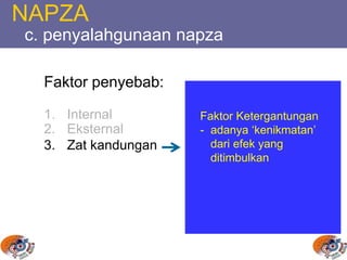 NAPZA
c. penyalahgunaan napza
Faktor penyebab:
1. Internal
2. Eksternal
3. Zat kandungan
Faktor Ketergantungan
- adanya ‘kenikmatan’
dari efek yang
ditimbulkan
 