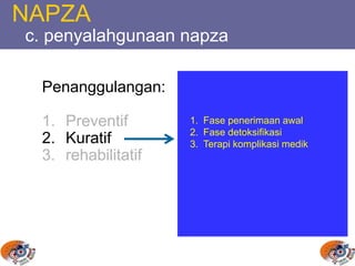 NAPZA
c. penyalahgunaan napza
Penanggulangan:
1. Preventif
2. Kuratif
3. rehabilitatif
1. Fase penerimaan awal
2. Fase detoksifikasi
3. Terapi komplikasi medik
 