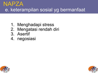 NAPZA
e. keterampilan sosial yg bermanfaat
1. Menghadapi stress
2. Mengatasi rendah diri
3. Asertif
4. negosiasi
 