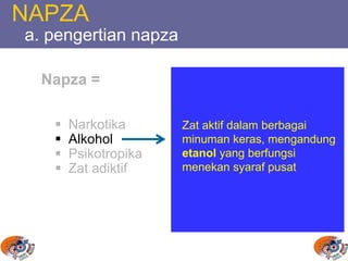 NAPZA
a. pengertian napza
Napza =
 Narkotika
 Alkohol
 Psikotropika
 Zat adiktif
Zat aktif dalam berbagai
minuman keras, mengandung
etanol yang berfungsi
menekan syaraf pusat
 