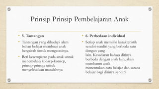 Prinsip Prinsip Pembelajaran Anak
• 5. Tantangan
• Tantangan yang dihadapi alam
bahan belajar membuat anak
bergairah untuk mengatasinya.
• Beri kesempatan pada anak untuk
menemukan konsep-konsep,
prinsip-prinsip, untuk
menyelesaikan masalahnya
• 6. Perbedaan individual
• Setiap anak memiliki karakteristik
sendiri-sendiri yang berbeda satu
dengan yang
lain. Kesadaran bahwa dirinya
berbeda dengan anak lain, akan
membantu anak
menentukan cara belajar dan sarana
belajar bagi dirinya sendiri.
 
