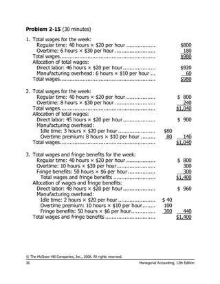 © The McGraw-Hill Companies, Inc., 2008. All rights reserved.
36 Managerial Accounting, 12th Edition
Problem 2-15 (30 minutes)
1. Total wages for the week:
Regular time: 40 hours × $20 per hour .................. $800
Overtime: 6 hours × $30 per hour ......................... 180
Total wages........................................................... $980
Allocation of total wages:
Direct labor: 46 hours × $20 per hour.................... $920
Manufacturing overhead: 6 hours × $10 per hour ... 60
Total wages........................................................... $980
2. Total wages for the week:
Regular time: 40 hours × $20 per hour .................. $ 800
Overtime: 8 hours × $30 per hour ......................... 240
Total wages........................................................... $1,040
Allocation of total wages:
Direct labor: 45 hours × $20 per hour.................... $ 900
Manufacturing overhead:
Idle time: 3 hours × $20 per hour ....................... $60
Overtime premium: 8 hours × $10 per hour ......... 80 140
Total wages........................................................... $1,040
3. Total wages and fringe benefits for the week:
Regular time: 40 hours × $20 per hour .................. $ 800
Overtime: 10 hours × $30 per hour........................ 300
Fringe benefits: 50 hours × $6 per hour................. 300
Total wages and fringe benefits .......................... $1,400
Allocation of wages and fringe benefits:
Direct labor: 48 hours × $20 per hour.................... $ 960
Manufacturing overhead:
Idle time: 2 hours × $20 per hour ....................... $ 40
Overtime premium: 10 hours × $10 per hour........ 100
Fringe benefits: 50 hours × $6 per hour............... 300 440
Total wages and fringe benefits ............................... $1,400
 