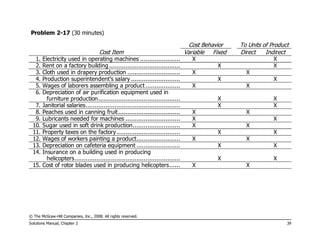 © The McGraw-Hill Companies, Inc., 2008. All rights reserved.
Solutions Manual, Chapter 2 39
Problem 2-17 (30 minutes)
Cost Behavior To Units of Product
Cost Item Variable Fixed Direct Indirect
1. Electricity used in operating machines ...................... X X
2. Rent on a factory building ....................................... X X
3. Cloth used in drapery production ............................. X X
4. Production superintendent’s salary ........................... X X
5. Wages of laborers assembling a product ................... X X
6. Depreciation of air purification equipment used in
furniture production............................................. X X
7. Janitorial salaries.................................................... X X
8. Peaches used in canning fruit.................................. X X
9. Lubricants needed for machines .............................. X X
10. Sugar used in soft drink production.......................... X X
11. Property taxes on the factory................................... X X
12. Wages of workers painting a product........................ X X
13. Depreciation on cafeteria equipment ........................ X X
14. Insurance on a building used in producing
helicopters.......................................................... X X
15. Cost of rotor blades used in producing helicopters...... X X
 
