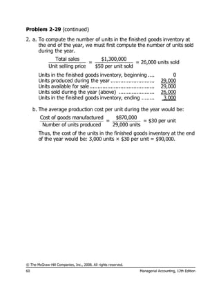 © The McGraw-Hill Companies, Inc., 2008. All rights reserved.
60 Managerial Accounting, 12th Edition
Problem 2-29 (continued)
2. a. To compute the number of units in the finished goods inventory at
the end of the year, we must first compute the number of units sold
during the year.
Total sales $1,300,000
= = 26,000 units sold
Unit selling price $50 per unit sold
Units in the finished goods inventory, beginning .... 0
Units produced during the year ........................... 29,000
Units available for sale........................................ 29,000
Units sold during the year (above) ...................... 26,000
Units in the finished goods inventory, ending ........ 3,000
b. The average production cost per unit during the year would be:
gCost of oods manufactured $870,000
= = $30 per unit
Number of units produced 29,000 units
Thus, the cost of the units in the finished goods inventory at the end
of the year would be: 3,000 units × $30 per unit = $90,000.
 