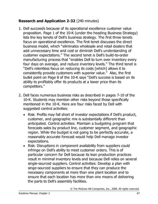 © The McGraw-Hill Companies, Inc., 2008. All rights reserved.
Solutions Manual, Chapter 2 67
Research and Application 2-32 (240 minutes)
1. Dell succeeds because of its operational excellence customer value
proposition. Page 1 of the 10-K (under the heading Business Strategy)
lists the key tenets of Dell’s business strategy. The first three tenets
focus on operational excellence. The first tenet discusses the direct
business model, which “eliminates wholesale and retail dealers that
add unnecessary time and cost or diminish Dell’s understanding of
customer expectations.” The second tenet is Dell’s build-to-order
manufacturing process that “enables Dell to turn over inventory every
four days on average, and reduce inventory levels.” The third tenet is
“Dell’s relentless focus on reducing its costs [which] allows it to
consistently provide customers with superior value.” Also, the first
bullet point on Page 8 of the 10-K says “Dell’s success is based on its
ability to profitably offer its products at a lower price than its
competitors.”
2. Dell faces numerous business risks as described in pages 7-10 of the
10-K. Students may mention other risks beyond those specifically
mentioned in the 10-K. Here are four risks faced by Dell with
suggested control activities:
 Risk: Profits may fall short of investor expectations if Dell’s product,
customer, and geographic mix is substantially different than
anticipated. Control activities: Maintain a budgeting program that
forecasts sales by product line, customer segment, and geographic
region. While the budget is not going to be perfectly accurate, a
reasonably accurate forecast would help Dell manage investor
expectations.
 Risk: Disruptions in component availability from suppliers could
infringe on Dell’s ability to meet customer orders. This is of
particular concern for Dell because its lean production practices
result in minimal inventory levels and because Dell relies on several
single-sourced suppliers. Control activities: Develop a plan with
singe-sourced suppliers to ensure that they can produce the
necessary components at more than one plant location and to
ensure that each location has more than one means of delivering
the parts to Dell’s assembly facilities.
 