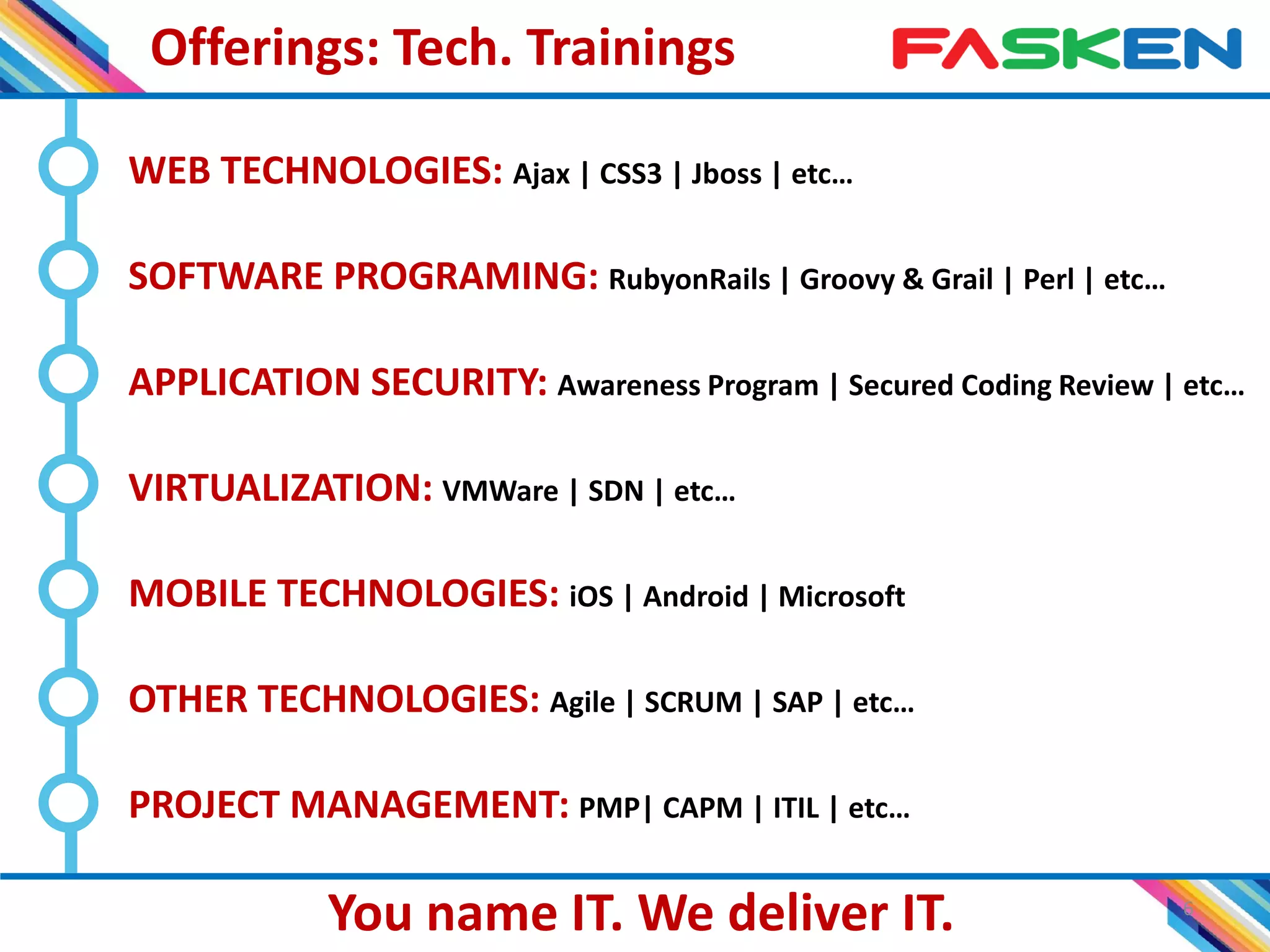 6
SOFTWARE PROGRAMING: RubyonRails | Groovy & Grail | Perl | etc…
WEB TECHNOLOGIES: Ajax | CSS3 | Jboss | etc…
VIRTUALIZATION: VMWare | SDN | etc…
APPLICATION SECURITY: Awareness Program | Secured Coding Review | etc…
OTHER TECHNOLOGIES: Agile | SCRUM | SAP | etc…
You name IT. We deliver IT.
MOBILE TECHNOLOGIES: iOS | Android | Microsoft
PROJECT MANAGEMENT: PMP| CAPM | ITIL | etc…
Offerings: Tech. Trainings
 