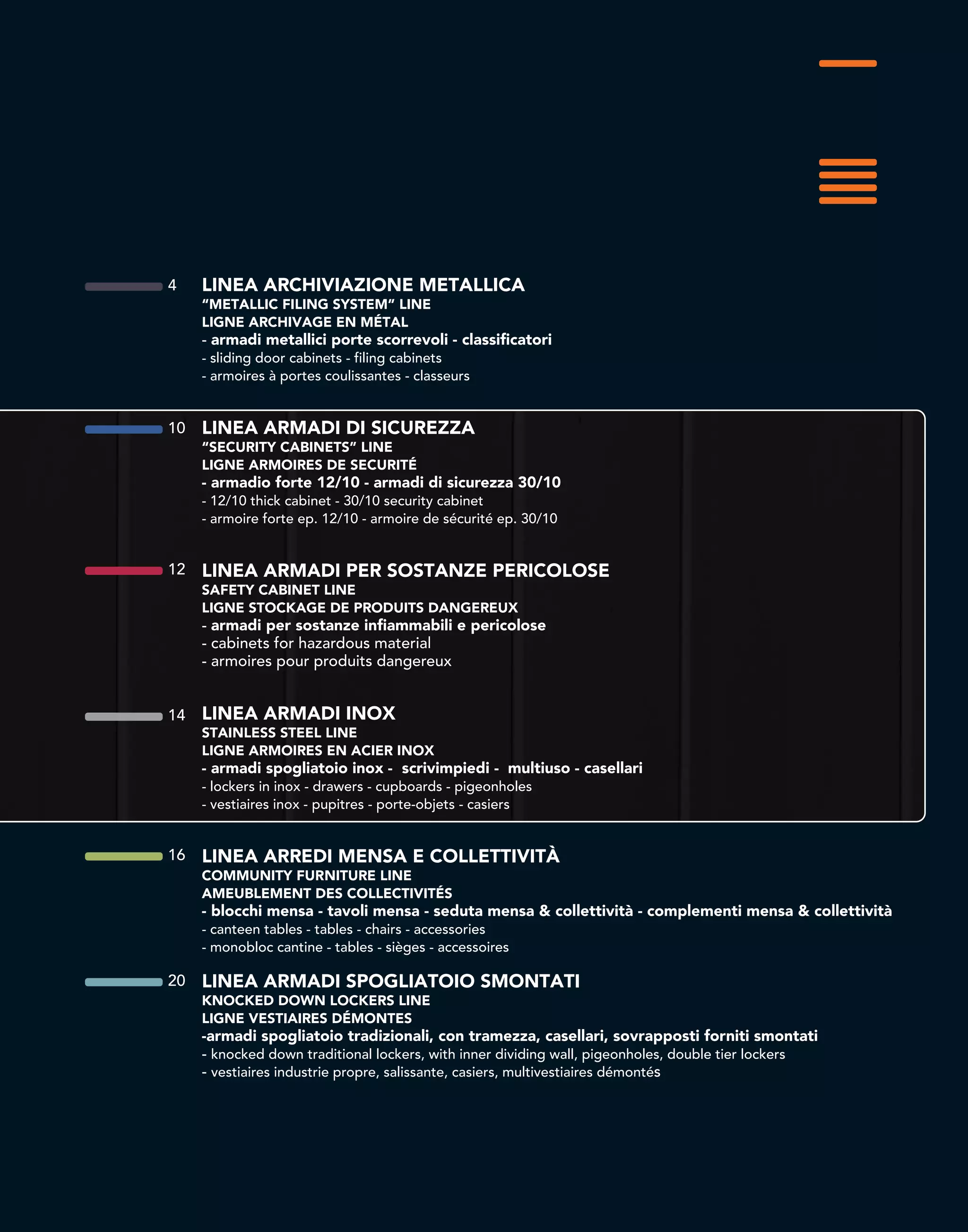 LINEA ARCHIVIAZIONE METALLICA
“METALLIC FILING SYSTEM” LINE
LIGNE ARCHIVAGE EN MÉTAL
- armadi metallici porte scorrevoli - classificatori
- sliding door cabinets - filing cabinets
- armoires à portes coulissantes - classeurs
LINEA ARMADI DI SICUREZZA
“SECURITY CABINETS” LINE
LIGNE ARMOIRES DE SECURITÉ
- armadio forte 12/10 - armadi di sicurezza 30/10
- 12/10 thick cabinet - 30/10 security cabinet
- armoire forte ep. 12/10 - armoire de sécurité ep. 30/10
LINEA ARMADI PER SOSTANZE PERICOLOSE
SAFETY CABINET LINE
LIGNE STOCKAGE DE PRODUITS DANGEREUX
- armadi per sostanze infiammabili e pericolose
- cabinets for hazardous material
- armoires pour produits dangereux
LINEA ARMADI INOX
STAINLESS STEEL LINE
LIGNE ARMOIRES EN ACIER INOX
- armadi spogliatoio inox - scrivimpiedi - multiuso - casellari
- lockers in inox - drawers - cupboards - pigeonholes
- vestiaires inox - pupitres - porte-objets - casiers
LINEA ARREDI MENSA E COLLETTIVITÀ
COMMUNITY FURNITURE LINE
AMEUBLEMENT DES COLLECTIVITÉS
- blocchi mensa - tavoli mensa - seduta mensa & collettività - complementi mensa & collettività
- canteen tables - tables - chairs - accessories
- monobloc cantine - tables - sièges - accessoires
LINEA ARMADI SPOGLIATOIO SMONTATI
KNOCKED DOWN LOCKERS LINE
LIGNE VESTIAIRES DÉMONTES
-armadi spogliatoio tradizionali, con tramezza, casellari, sovrapposti forniti smontati
- knocked down traditional lockers, with inner dividing wall, pigeonholes, double tier lockers
- vestiaires industrie propre, salissante, casiers, multivestiaires démontés
4
10
12
14
16
20
 