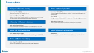 Copyright © 2014 Fasoo
Business Area
Sharing and Collaborating Internally Printing and Displaying Your Files
Collaborating with Partners & Customers
Sharing and Syncing Files in the CloudSharing Files to Your Mobile Device
Monitor with Pattern Based Strategy
Fasoo Secure Node (FSN)
Secure all files created and saved on any PC
Fasoo Secure Document (FSD)
Securely share sensitive files downloaded from repositories. Integrate easily
with IBM FileNet, Microsoft SharePoint and other repositories
Fasoo Secure Exchange (FSE)
Share sensitive files securely through email, FTP, USB, the cloud and more
Fasoo Mobile Solution (FMS)
Prevents data breaches with Mobile Data and Access Management (MDAM)
Fasoo Usage Tracer (FUT)
Monitor and manage user/file activities through usage log analysis
Fasoo Secure Print (FSP)
Trace printing activities and help deter leaks of printouts by mandating the use
of watermarks
Fasoo ePrint
Manage and control all printouts for a secure and efficient printing environment
Fasoo Secure Screen (FSS)
Safeguard the content on your screen from capture tools and cameras
DigitalQuick
Securely sync, store, and share files in the cloud, desktop and mobile device
 