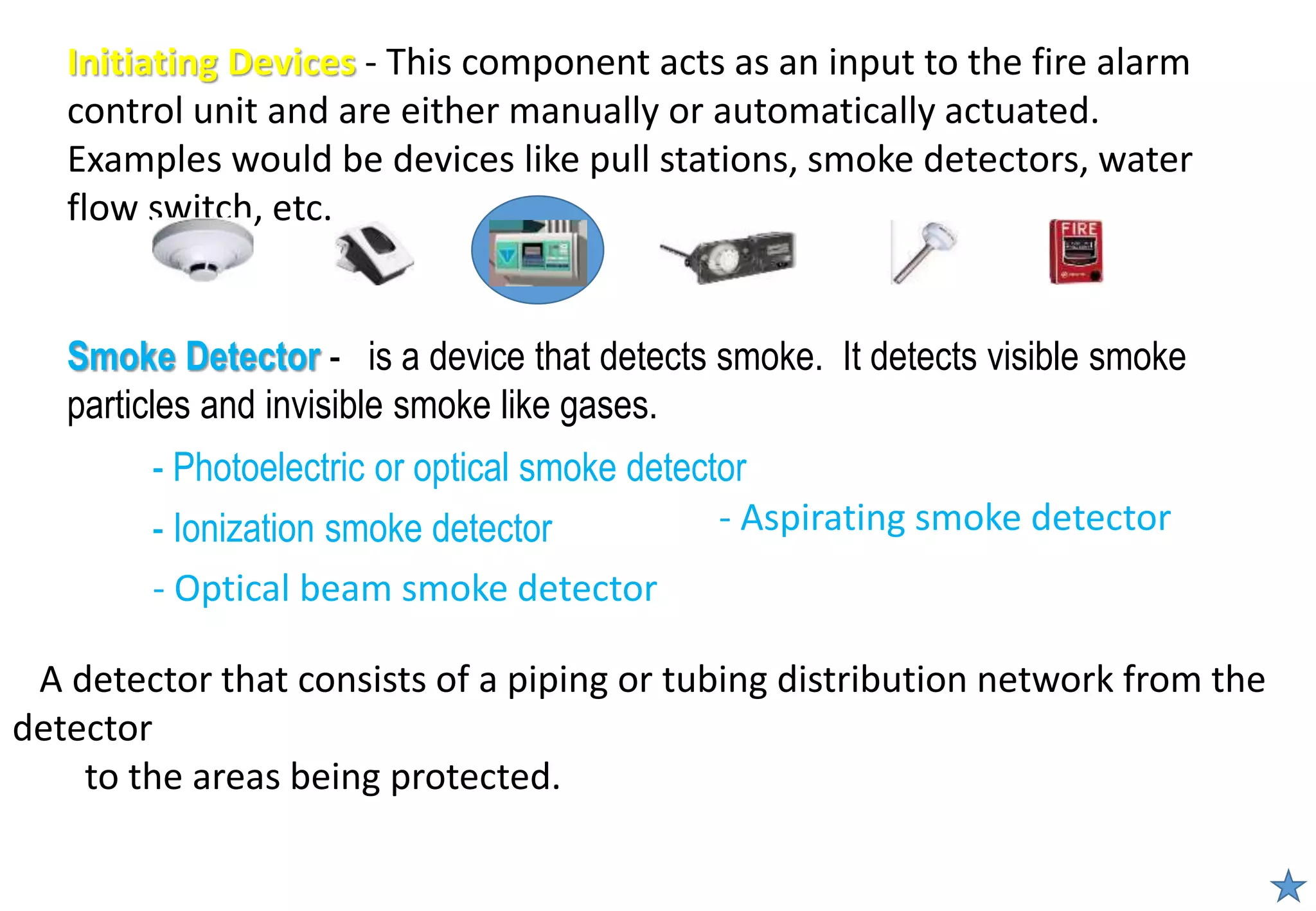 - Photoelectric or optical smoke detector
- Ionization smoke detector
Smoke Detector - is a device that detects smoke. It detects visible smoke
particles and invisible smoke like gases.
Initiating Devices - This component acts as an input to the fire alarm
control unit and are either manually or automatically actuated.
Examples would be devices like pull stations, smoke detectors, water
flow switch, etc.
- Optical beam smoke detector
- Aspirating smoke detector
A detector that consists of a piping or tubing distribution network from the
detector
to the areas being protected.
 