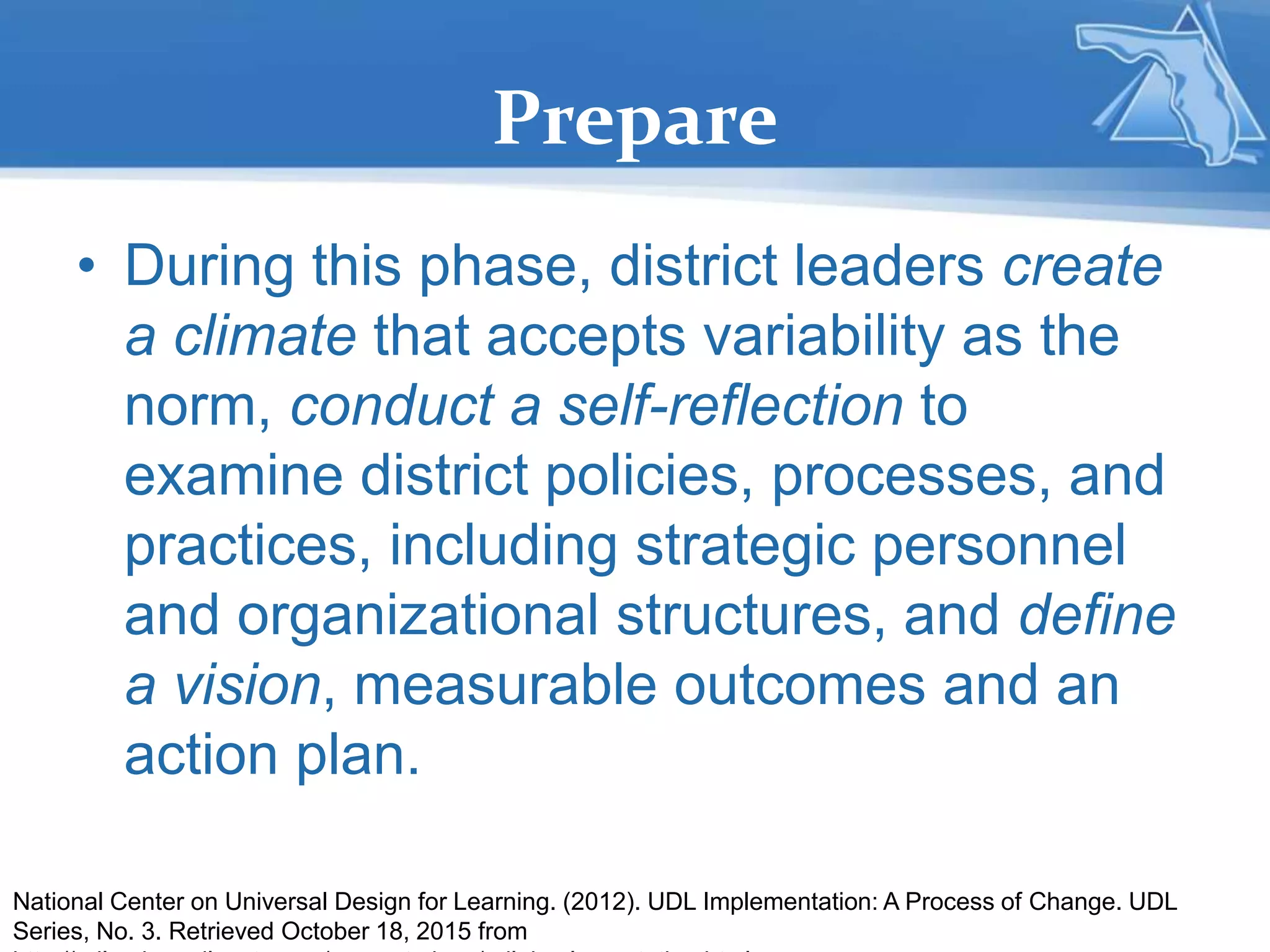 Prepare
• During this phase, district leaders create
a climate that accepts variability as the
norm, conduct a self-reflection to
examine district policies, processes, and
practices, including strategic personnel
and organizational structures, and define
a vision, measurable outcomes and an
action plan.
National Center on Universal Design for Learning. (2012). UDL Implementation: A Process of Change. UDL
Series, No. 3. Retrieved October 18, 2015 from
 