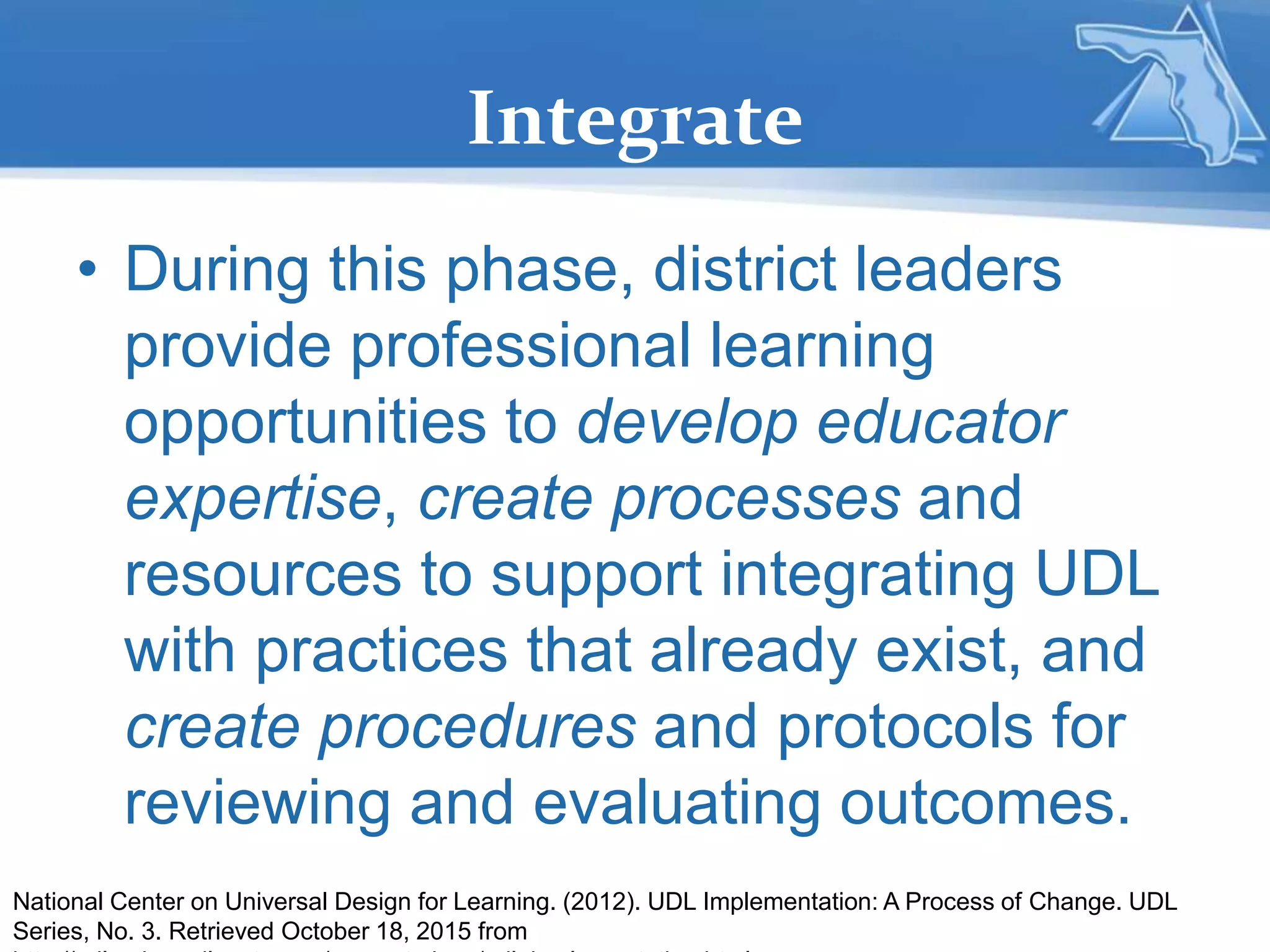 Integrate
• During this phase, district leaders
provide professional learning
opportunities to develop educator
expertise, create processes and
resources to support integrating UDL
with practices that already exist, and
create procedures and protocols for
reviewing and evaluating outcomes.
National Center on Universal Design for Learning. (2012). UDL Implementation: A Process of Change. UDL
Series, No. 3. Retrieved October 18, 2015 from
 