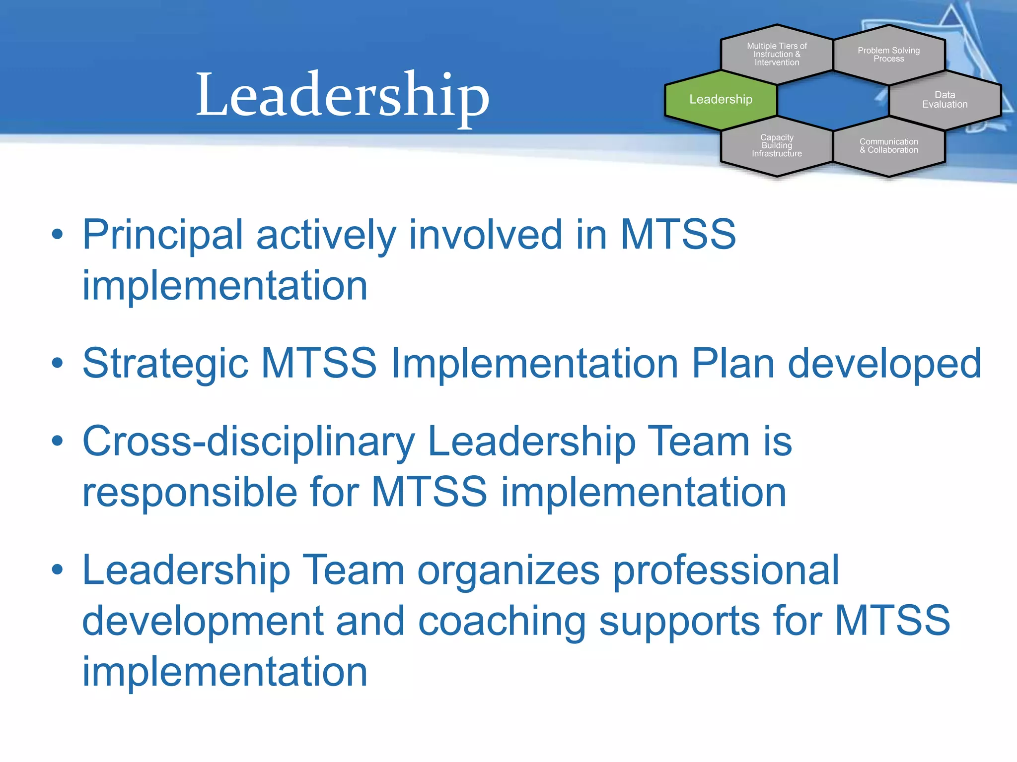 Leadership
• Principal actively involved in MTSS
implementation
• Strategic MTSS Implementation Plan developed
• Cross-disciplinary Leadership Team is
responsible for MTSS implementation
• Leadership Team organizes professional
development and coaching supports for MTSS
implementation
Data
Evaluation
Problem Solving
Process
Multiple Tiers of
Instruction &
Intervention
Leadership
Capacity
Building
Infrastructure
Communication
& Collaboration
 