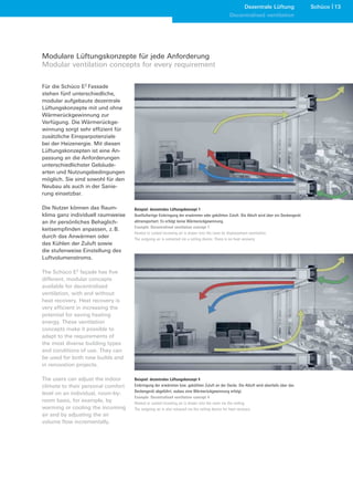 Dezentrale Lüftung                    Schüco 13
                                                                                             Decentralised ventilation




Modulare Lüftungskonzepte für jede Anforderung
Modular ventilation concepts for every requirement

Für die Schüco E2 Fassade
stehen fünf unterschiedliche,
modular aufgebaute dezentrale
Lüftungskonzepte mit und ohne
Wärmerückgewinnung zur
Verfügung. Die Wärmerückge-
winnung sorgt sehr effizient für
zusätzliche Einsparpotenziale
bei der Heizenergie. Mit diesen
Lüftungskonzepten ist eine An-
passung an die Anforderungen
unterschiedlichster Gebäude-
arten und Nutzungsbedingungen
möglich. Sie sind sowohl für den
Neubau als auch in der Sanie-
rung einsetzbar.

Die Nutzer können das Raum-         Beispiel: dezentrales Lüftungskonzept 1
klima ganz individuell raumweise    Quellluftartige Einbringung der erwärmten oder gekühlten Zuluft. Die Abluft wird über ein Deckengerät
an ihr persönliches Behaglich-      abtransportiert. Es erfolgt keine Wärmerückgewinnung.
                                    Example: Decentralised ventilation concept 1
keitsempfinden anpassen, z. B.
                                    Heated or cooled incoming air is drawn into the room by displacement ventilation.
durch das Anwärmen oder             The outgoing air is extracted via a ceiling device. There is no heat recovery.
das Kühlen der Zuluft sowie
die stufenweise Einstellung des
Luftvolumenstroms.

The Schüco E2 façade has five
different, modular concepts
available for decentralised
ventilation, with and without
heat recovery. Heat recovery is
very efficient in increasing the
potential for saving heating
energy. These ventilation
concepts make it possible to
adapt to the requirements of
the most diverse building types
and conditions of use. They can
be used for both new builds and
in renovation projects.

The users can adjust the indoor     Beispiel: dezentrales Lüftungskonzept 4
climate to their personal comfort   Einbringung der erwärmten bzw. gekühlten Zuluft an der Decke. Die Abluft wird ebenfalls über das
                                    Deckengerät abgeführt, sodass eine Wärmerückgewinnung erfolgt.
level on an individual, room-by-
                                    Example: Decentralised ventilation concept 4
room basis, for example, by         Heated or cooled incoming air is drawn into the room via the ceiling.
warming or cooling the incoming     The outgoing air is also released via the ceiling device for heat recovery.
air and by adjusting the air
volume flow incrementally.
 