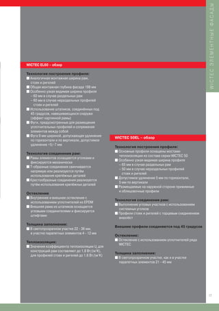 WICTEC ЭЛЕМЕНТНЫЕ ФАСАДЫ
WICTEC EL60 – обзор

Технология построения профиля:
I Аналогичная монтажная ширина рам,
  стоек и ригелей
I Общая монтажная глубина фасада 198 мм
I Особенно узкая видимая ширина профиля
  – 60 мм в случае раздельных рам
  – 60 мм в случае нераздельных профилей
    стоек и ригелей
I Использование штапиков, соединённых под
  45 градусов, навешивающихся снаружи
  (эффект картинной рамы)
I Фуги, предусмотренные для размещения
  уплотнительных профилей и сопряжения
  элементов между собой
I Фуга 9 мм шириной, допускающая удлинение
                                                 WICTEC 50EL – обзор
  по горизонтали и по вертикали, допустимое
  удлинение +5/-7 мм
                                                 Технология построения профиля:
                                                 I Основные профили оснащены мостами
Технология соединения рам:
I Рамы элементов оснащаются уголками и
                                                   теплоизоляции из состава серии WICTEC 50
                                                 I Особенно узкая видимая ширина профиля
  фиксируются механически
I Т-образные соединения свинчиваются
                                                   – 65 мм в случае раздельных рам
                                                   – 50 мм в случае нераздельных профилей
  напрямую или реализуются путём
                                                     стоек и ригелей
  использования крепёжных деталей
                                                 I Допустимое удлинение 5 мм по горизонтали,
I Крестообразные соединения реализуются
                                                   5 мм по вертикали
  путём использования крепёжных деталей
                                                 I Размещаемые на наружной стороне прижимные
                                                   и облицовочные профили
Остекление
I Внутреннее и внешнее остекление с
                                                 Технология соединения рам:
  использованием уплотнителей из EPDM
                                                 I Выполнение угловых участков с использованием
I Внешняя рама из штапиков оснащается
                                                   системных уголков
  угловыми соединителями и фиксируется
                                                 I Профили стоек и ригелей с торцевым соединением
  штифтами
                                                   внахлёст
Толщина заполнения:
I В светопрозрачном участке 22 - 36 мм,
                                                 Внешние профили соединяются под 45 градусов
  в участке парапетных элементов 4 - 12 мм
                                                 Остекление:
                                                 I Остекление с использованием уплотнителей ряда
Теплоизоляция:
I Значения коэффициента теплоизоляции U для
                                                   WICTEC
                                          f
  конструкций рам составляют до 1,8 Вт/(м2K),
                                                 Толщина заполнения:
  для профилей стоек и ригелей до 1,6 Вт/(м2K)
                                                 I В светопрозрачном участке, как и в участке
                                                   парапетных элементов 21 - 45 мм




                                                                                                    17
 