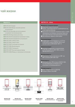чай жизни




                                                                                                                          WICTEC 50
 Варианты                                                           WICTEC 50 - обзор

 I WICTEC 50 Стандарт                                               Варианты создания форм:
                                                                    I Модульная схема построения
 I WICTEC 50HI Фасад с высоким уровнем
                                                                    I Ровные, перпендикулярные и размещённые под
   теплоизоляции
                                                                      углом навесные фасады
 I WICTEC 50 Пригоден для использования                             I Наклонные конструкции стеклянных крыш, а также
   в строениях типа пассивный дом                                     трёхмерные конструкции стеклянных крыш или
 I WICTEC 50 Индустриальный контур                                    пространственные структуры/многоугольники
                                                                    I Застеклённые террасы и пристройки
 I WICTEC 50 Интегрированная прижимная планка
 I WICTEC 50 Интегрированная солнцезащита
                                                                    Теплоизоляция:
 I WICTEC 50P Стойка/Стойка                                         I Коэффициент теплопередачи U от 0,75 до
                                                                                                     f
 I WICTEC 50E Стойка/Стойка                                           2,4 Вт/(м2K) согласно DIN EN 12412-2 или
 I WICTEC 50A По несущей конструкции                                  соответственно DIN EN ISO 10077-2
 I WICTEC 50EH Взломозащита
                                                                    Шумоизоляция:
 I WICTEC 50DH Пулезащита                                           I Значение коэффициента шумоизоляции
 I WICTEC 50FP Противопожарный фасад                                  до Rw 46 децибелов (DIN 1409) согласно
 I WICTEC 50SG Фасад со структурным остеклением                       DIN EN 20140 часть 3

                                                                    Взломозашита:
                                                                    I Реализуемы классы прочности от WK 1 до
                                                                      WK 3 согласно DIN V ENV 1627

                                                                    Пулезащита:
                                                                    I Реализуем класс FB4 согласно DIN EN 1522,
                                                                      по классификации устойчивости при
                                                                      испытании на пулезащищённость

                                                                    Пожарозащита:
                                                                    I Класс пожаростойкости G30/F30
                                                                    I Пожаростойкая стена W90




  WICTEC 50E          WICTEC 50A           WICTEC 50EH    WICTEC 50DH         WICTEC 50FP            WICTEC 50SG
  Стойка/Стойка   По несущей конструкции   Взломозащита    Пулезащита      Противопожарный фасад   Фасад со структурным
                                                                                                       остеклением
                                                                                                                          9
 