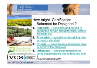 How might Certification
                             Schemes be Designed ?
                           1. Standard → principles and criteria to
                              guarantee certain characteristics, certain
                              methods etc
                           2. Principles → guidelines describing how
                              to meet a standard
                           3. Criteria → requirements describing how
                              to achieve the principles
                           4. Indicators → concrete measures to
                              verify that principles and criteria are met
                               Source Segerstedt 2009
09. June 2010, ICRAF Nairobi
 